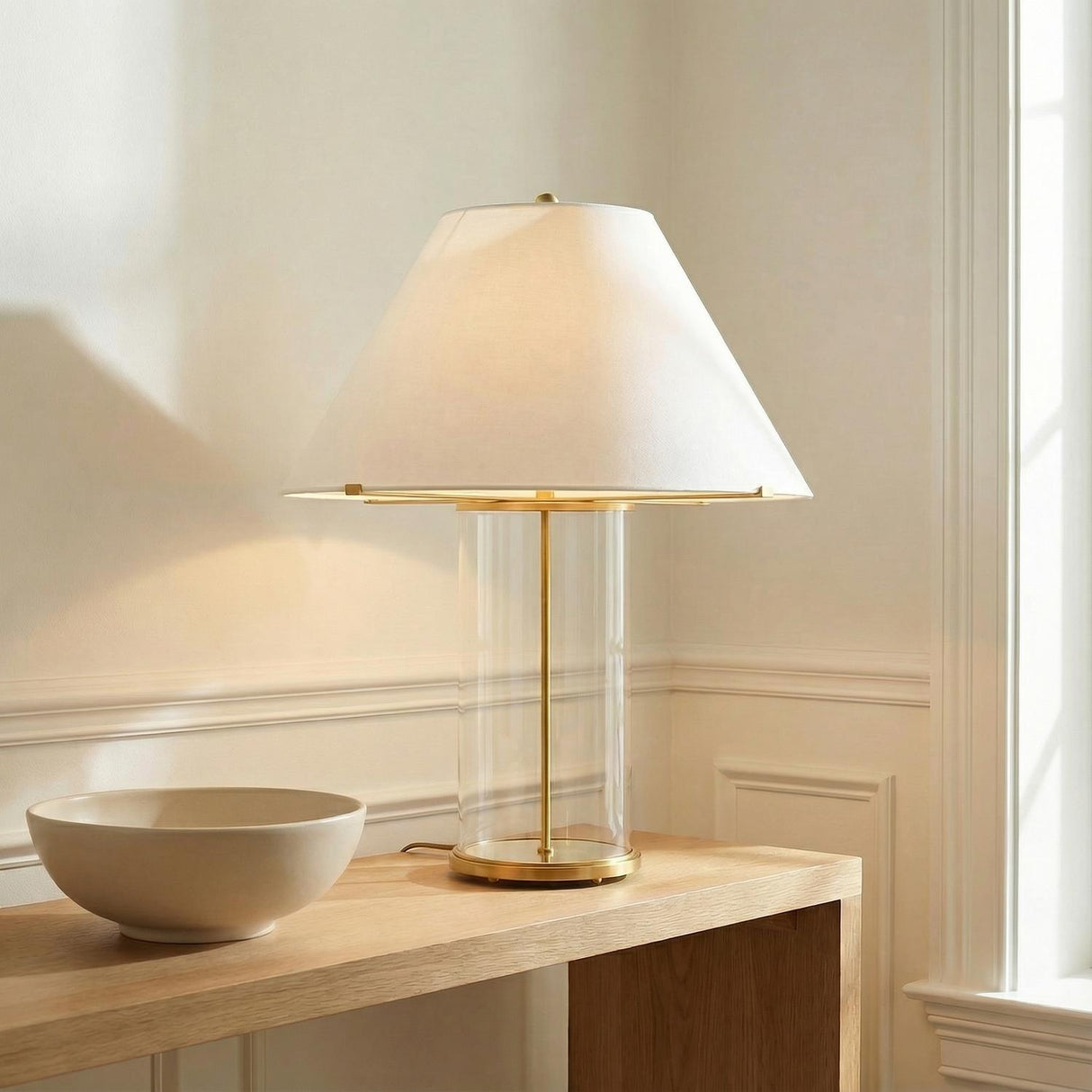 Elena Table Lamp 30", Aged Brass and Clear Glass