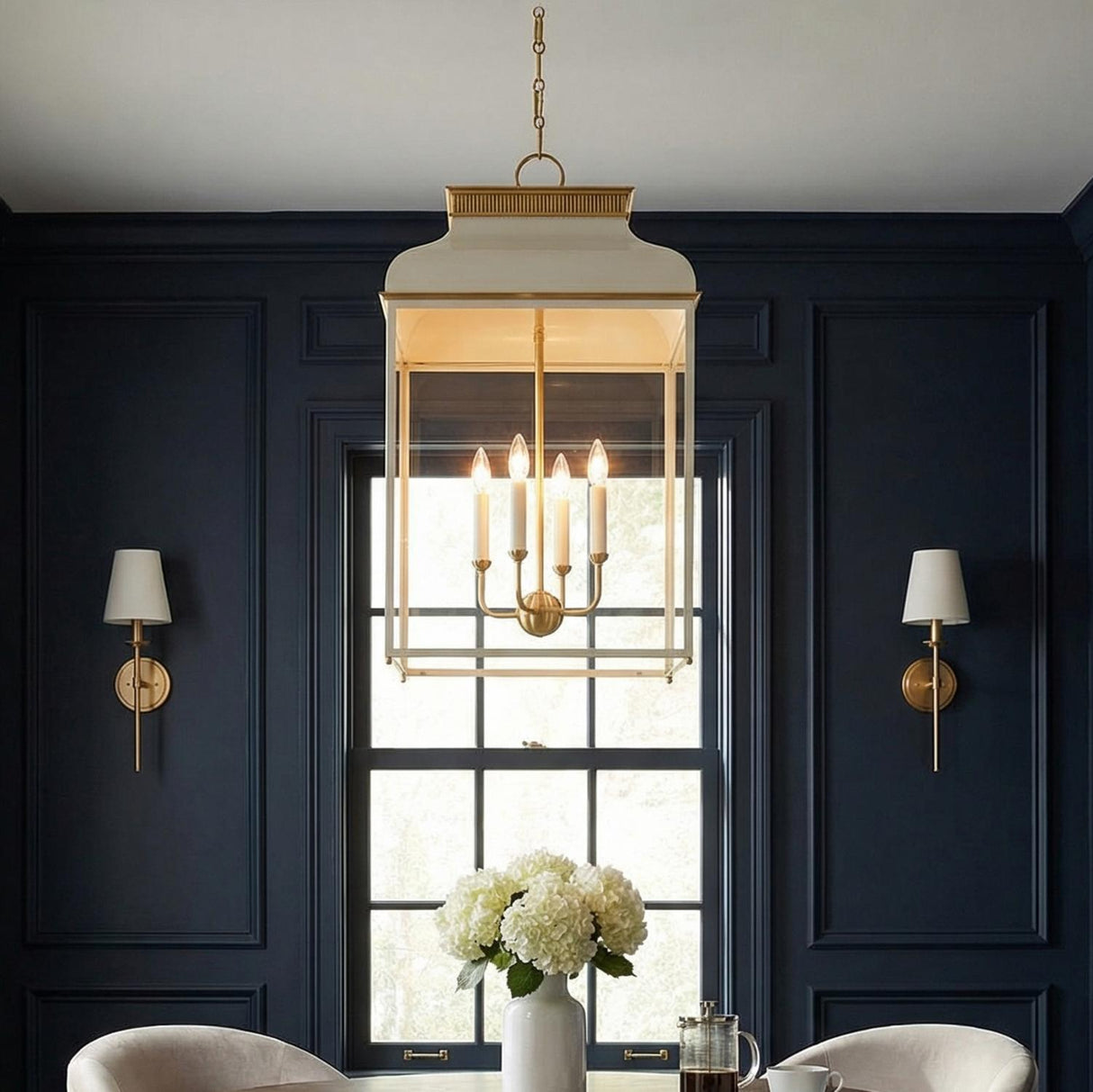 Harriet Lantern Pendant 19", Off White and Aged Brass