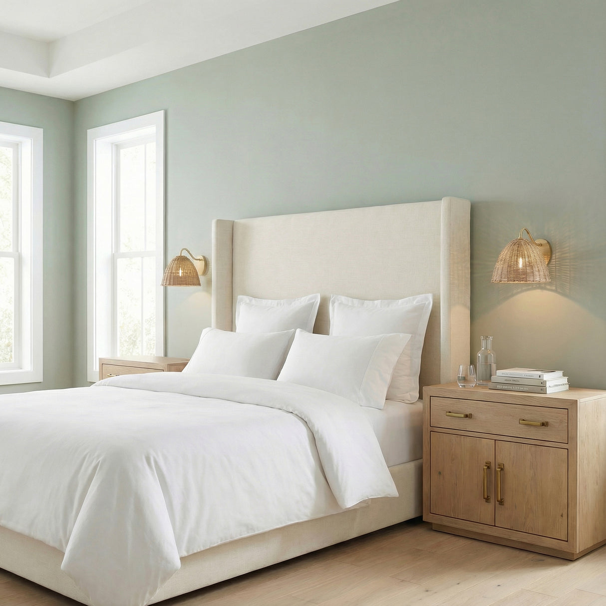 Karina Wall Sconce 8", Woven Wicker and Aged Brass woven wall sconce in a Transitional Bedroom with a white upholstered bed.