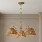 Karina 3 Light Chandelier 28", Woven Wicker and Aged Brass