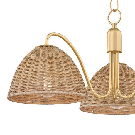 Karina 3 Light Chandelier 28", Woven Wicker and Aged Brass