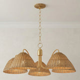 Karina 5 Light Chandelier 38", Aged Brass and Wicker woven Chandelier in a Coastal Living Room with a neutral sofa.