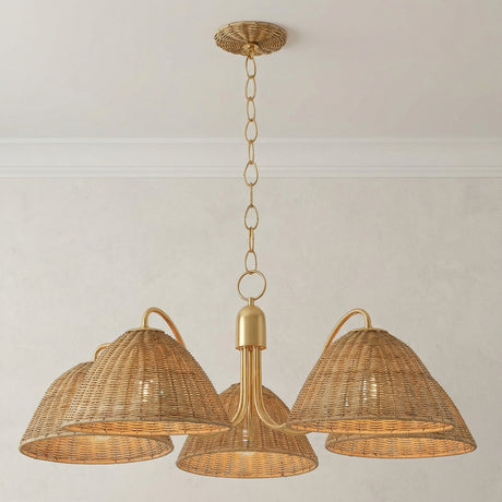 Karina 5 Light Chandelier 38", Aged Brass and Wicker woven Chandelier in a Coastal Living Room with a neutral sofa.