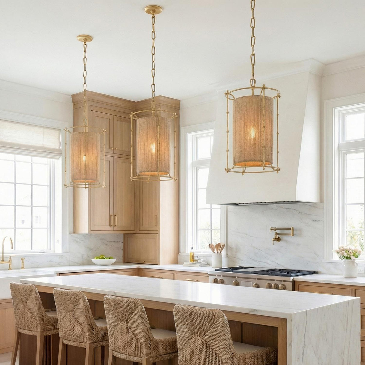 Valerie Pendant 15", Gold Leaf and Natural Rope woven Pendant in a Coastal Kitchen with a white marble island.