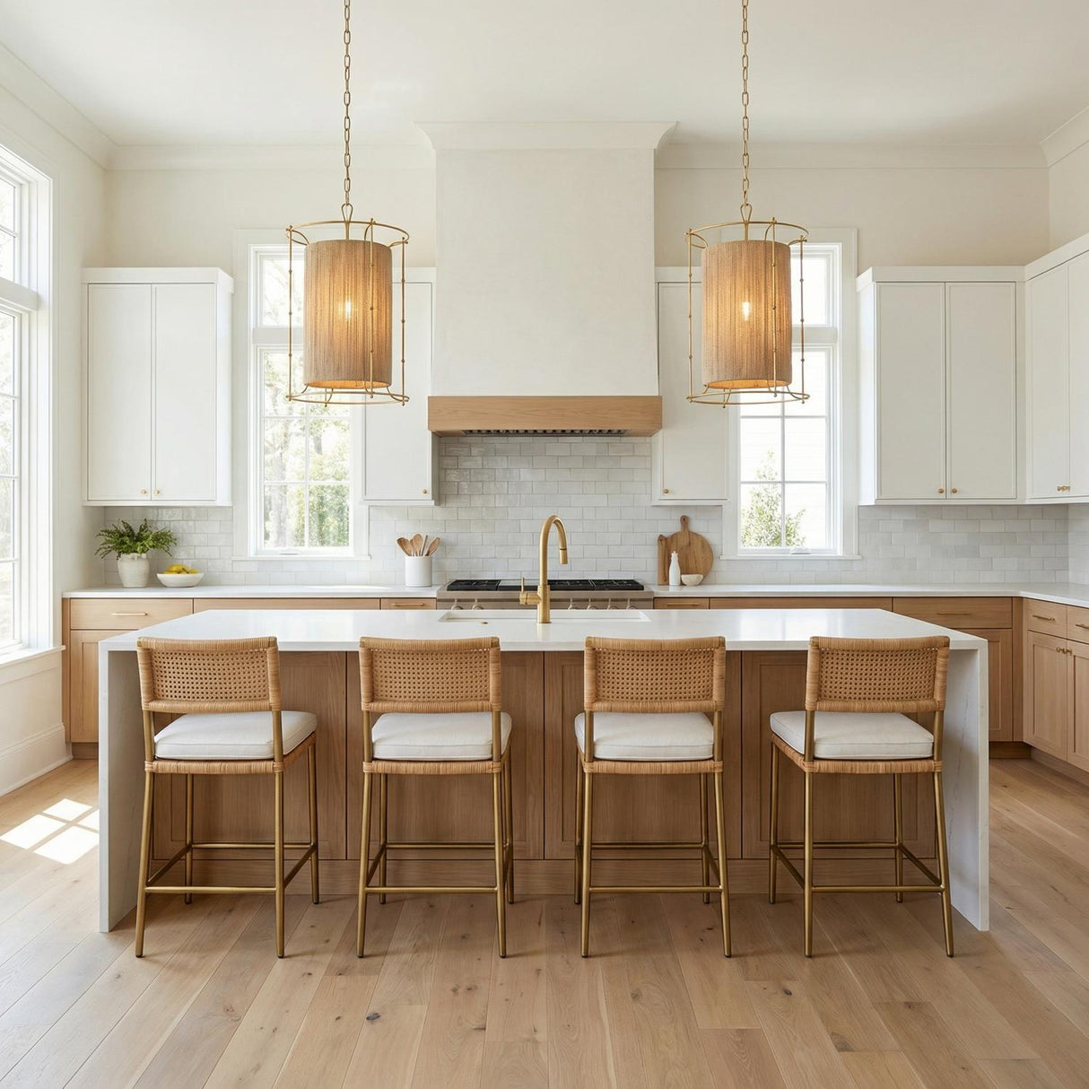 Valerie Gold and Natural Rope woven pendant in a Modern Farmhouse Kitchen with a white marble island and rattan stools.