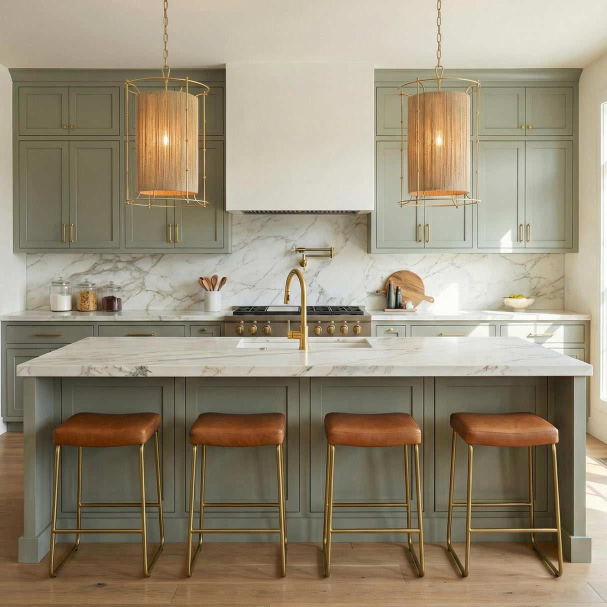 Valerie Pendant 20", Gold and Natural Rope woven pendant in a Modern Farmhouse Kitchen with a white marble island and leather bar stools.
