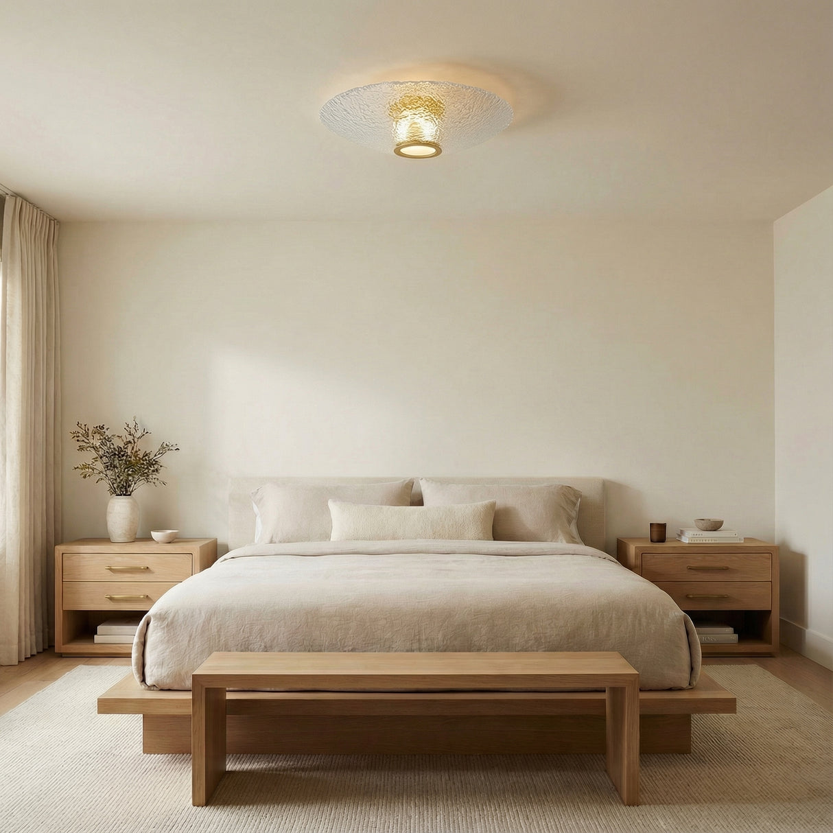 Verne LED Flush Mount 20", Aged Brass and Piastra Glass geometric flush mount in a Modern Bedroom with a light oak platform bed.