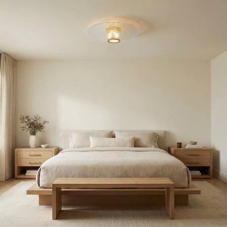 Verne LED Flush Mount 20", Aged Brass and Piastra Glass geometric flush mount in a Modern Bedroom with a light oak platform bed.