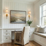 Avery Wall Sconce 18", Aged Brass linear Wall Sconce in a Modern Farmhouse Office with a white built-in desk and landscape art.