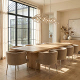 Alison Linear Chandelier, Antique Silver leaf design Chandelier in a Contemporary Dining Room with a rustic oak table.