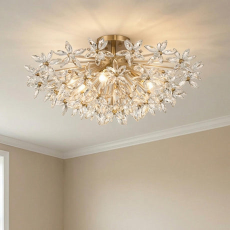 Eliana Semi-Flush 25", Aged Brass leaf design flush mount in a Transitional Living Room with beige walls and white crown molding.