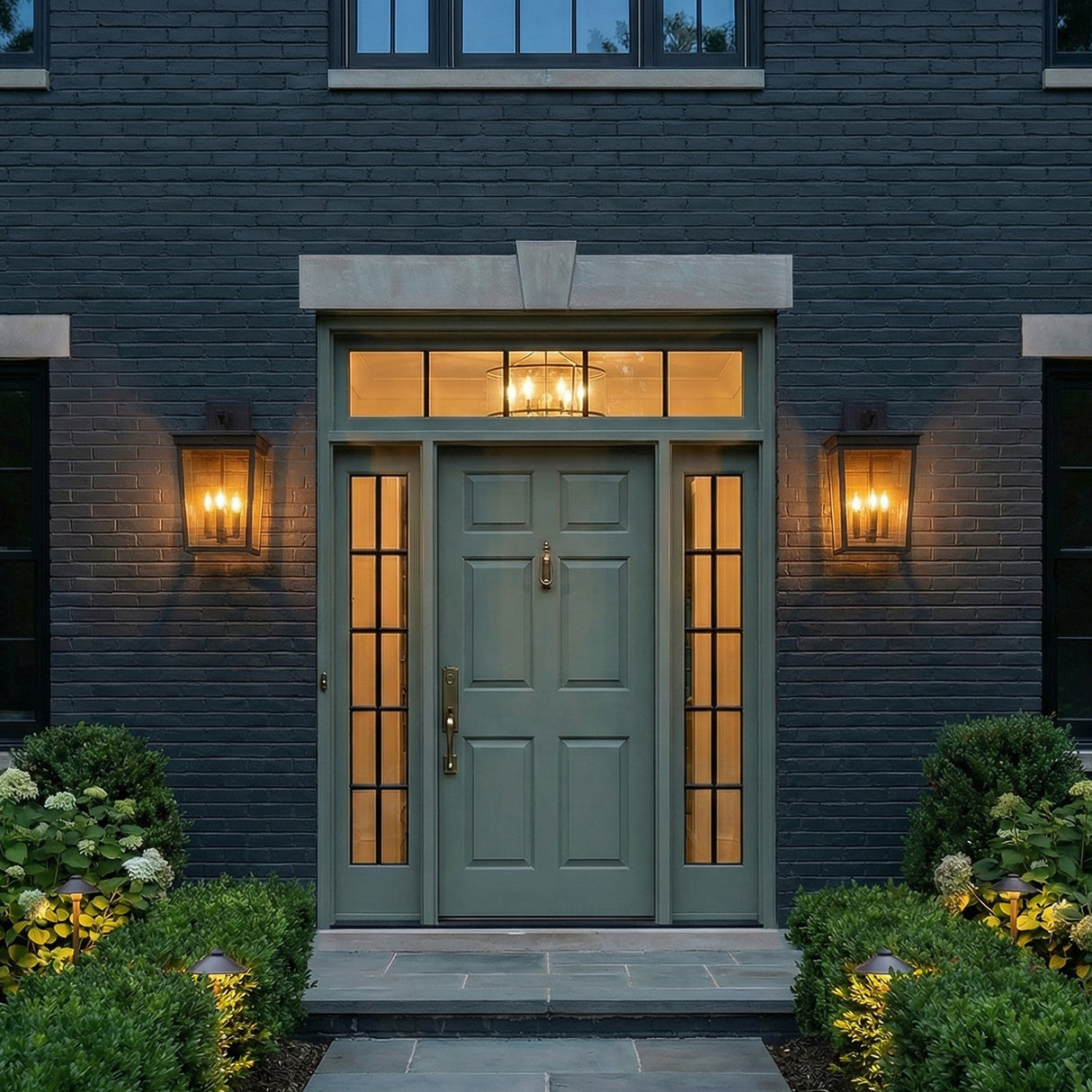 Radcliffe Outdoor Wall Light, Large 20", Old Bronze geometric Outdoor Wall in a Traditional Outdoor with a sage green front door.