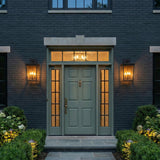Radcliffe Outdoor Wall Light, Large 20", Old Bronze geometric Outdoor Wall in a Traditional Outdoor with a sage green front door.