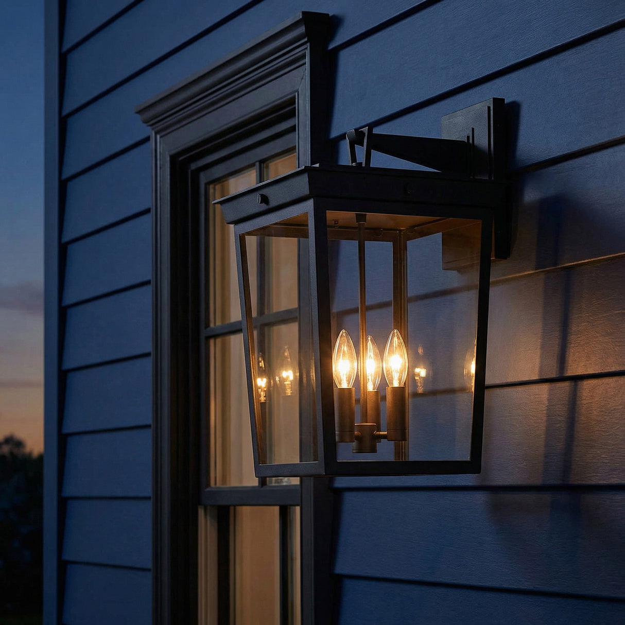 Radcliffe Outdoor Wall Light, Large 20", Old Bronze geometric Outdoor Wall in a Craftsman Outdoor space with blue lap siding.