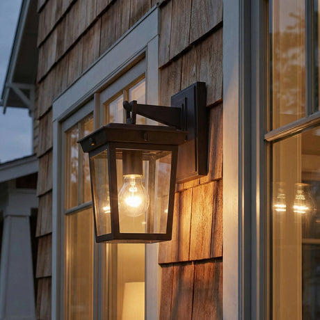 Radcliffe Outdoor Wall Light, Small 11", Old Bronze geometric Outdoor Wall in a Coastal Outdoor area with cedar shingles.