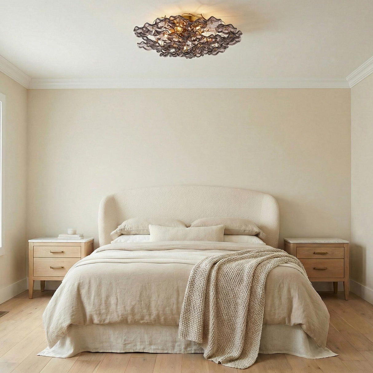 Layla Semi-Flush 22", Smoke Glass Gold scalloped Flush Mount in a Contemporary Bedroom with a cream headboard and oak nightstands.