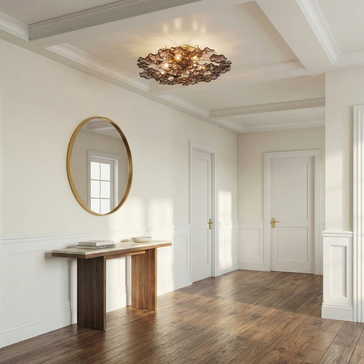 Layla Semi-Flush 22", Smoke Glass Brass scalloped flush mount in a Transitional Entryway with a marble console and gold mirror.