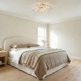 Layla Semi-Flush 22", White Glass Gold scalloped leaf design Flush Mount in a Transitional Bedroom with a neutral boucle headboard.