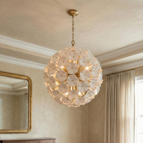 Layla Extra Large Chandelier, Gold and White scalloped globe Chandelier in a Traditional Living Room with a gold-framed mirror.