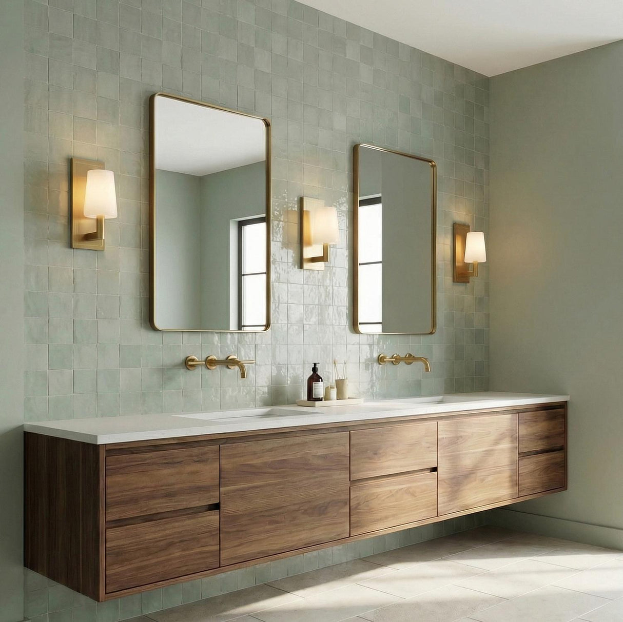 Fyn Aged Brass with Opal Glass geometric Wall Sconce in a Contemporary Bathroom with a floating wood vanity and green tile.
