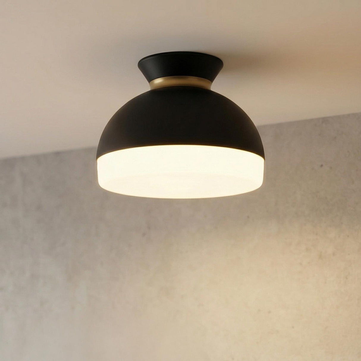 Elody Matte Black and Brass globe Flush Mount in a Modern Entryway with a textured concrete wall.