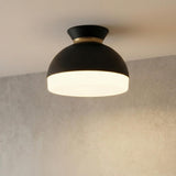 Elody Matte Black and Brass globe Flush Mount in a Modern Entryway with a textured concrete wall.