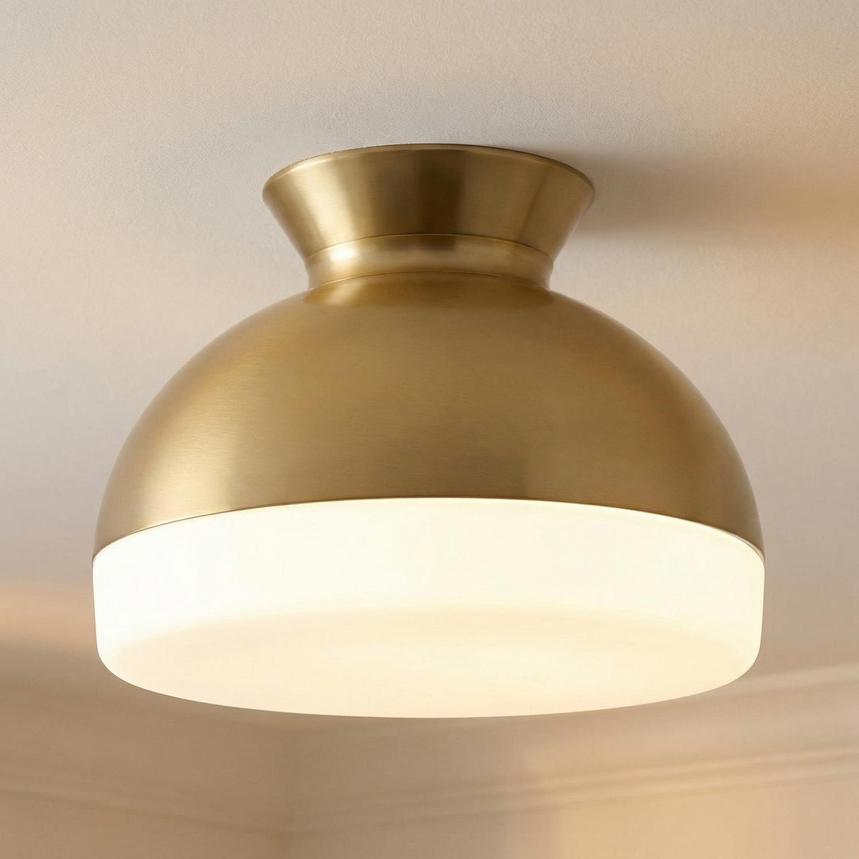 Elody Medium Flush Mount 15", Brass globe flush mount in a Mid-Century Hallway with white crown molding.