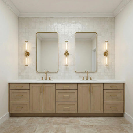 Dexter 2 Light Wall Sconce 29", Aged Brass linear wall sconce in a Transitional Bathroom with a wood double vanity and zellige tile.