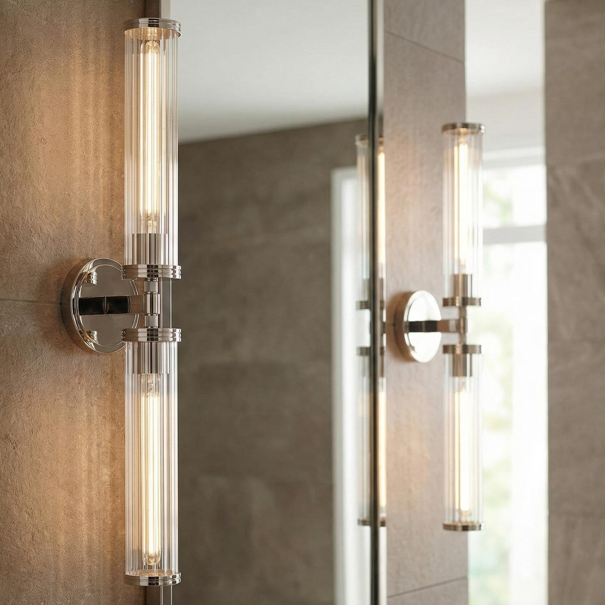 Dexter 2 Light Wall Sconce 29", Polished Nickel linear wall sconce in a Contemporary Bathroom with stone tile and mirror.