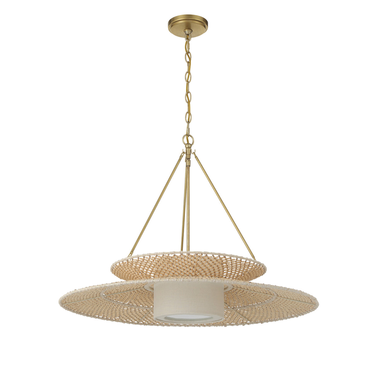 Gemma Pendant 29", Soft Brass and Natural Beads