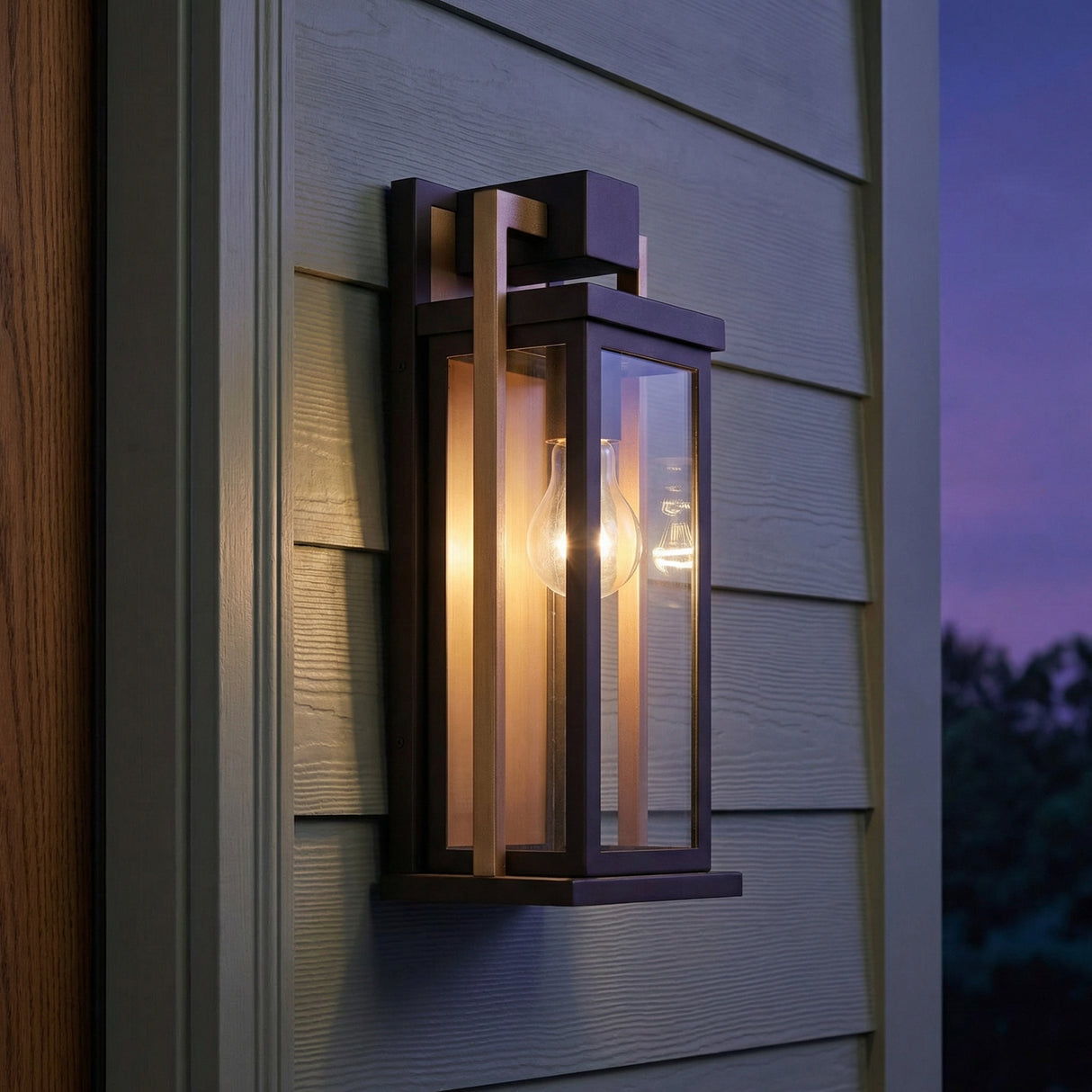 Quinlan Outdoor Wall Light, Small 15", Bronze and Textured Gold geometric Outdoor Wall in a Modern Outdoor with sage green siding.