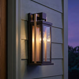 Quinlan Outdoor Wall Light, Small 15", Bronze and Textured Gold geometric Outdoor Wall in a Modern Outdoor with sage green siding.