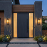 Quinlan Outdoor Wall Light, Small 15", Bronze and Textured Gold geometric outdoor wall light in a Modern Outdoor with agave plants.