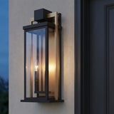 Quinlan Outdoor Wall Light, Large 24", Bronze and Gold geometric Outdoor Wall in a Modern Outdoor area with a dark paneled door.