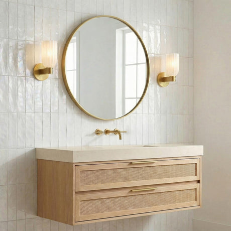 Elise Wall Sconce 11", Brass and Ribbed Strie Glass Brass ribbed wall sconce in a Contemporary Bathroom with a floating oak vanity.
