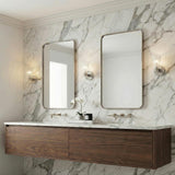 Eliza Wall Sconce 9", Polished Nickel scalloped glass wall sconce in a Contemporary Bathroom with a marble wall and floating walnut vanity.