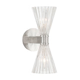 Eliza 2 Light Vanity, Polished Nickel and Clear Ribbed Glass