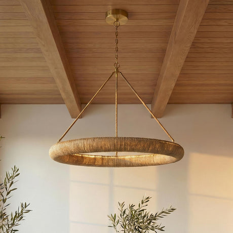 Seabrook LED Chandelier, Large 48", Lake Grass and Soft Brass woven chandelier in a Coastal Dining Room with a wood-beamed ceiling.
