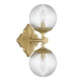 Victoria 2 Light Wall Sconce 16", Aged Brass and Clear Ribbed Glass