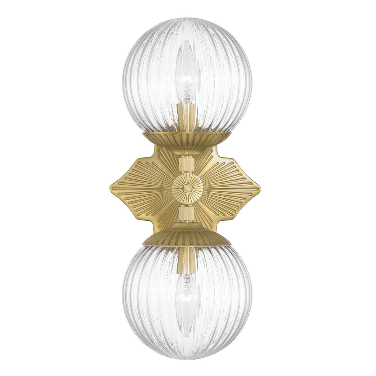 Victoria 2 Light Wall Sconce 16", Aged Brass and Clear Ribbed Glass