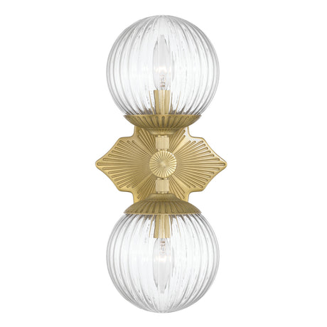 Victoria 2 Light Wall Sconce 16", Aged Brass and Clear Ribbed Glass