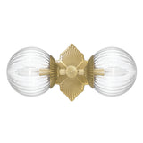Victoria 2 Light Wall Sconce 16", Aged Brass and Clear Ribbed Glass