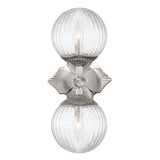 Victoria 2 Light Wall Sconce 16", Polished Nickel and Clear Ribbed Glass
