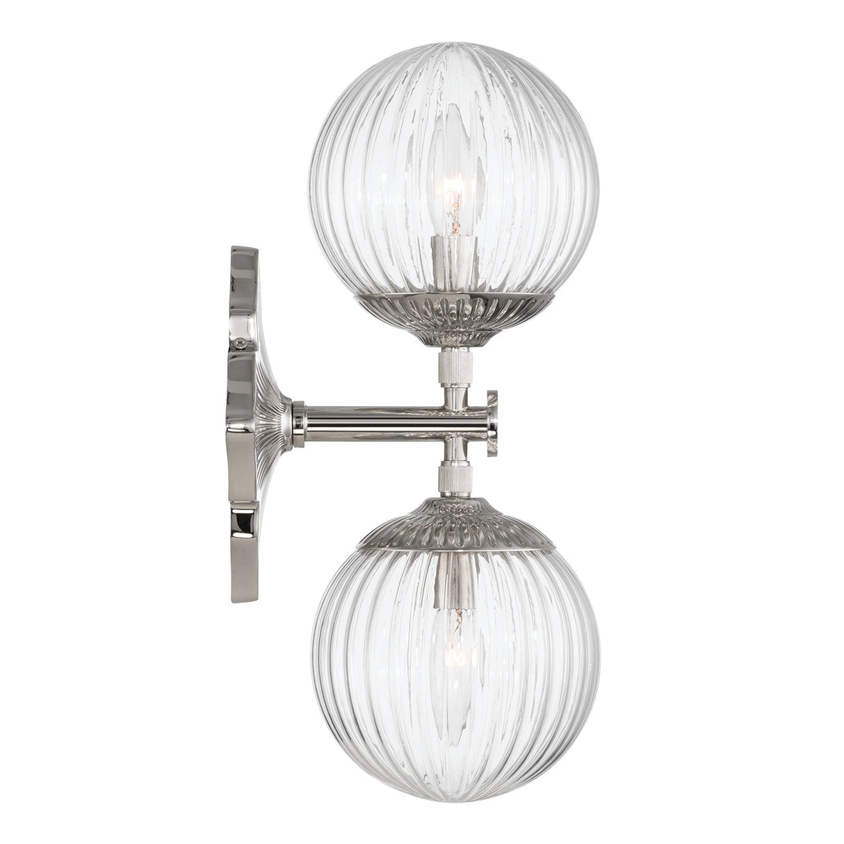 Victoria 2 Light Wall Sconce 16", Polished Nickel and Clear Ribbed Glass