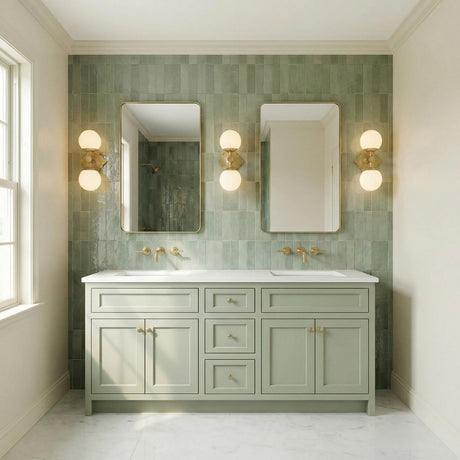 Victoria Aged Brass and Opal Ribbed Glass globe design Wall Sconce in a Transitional Bathroom with a sage green double vanity.