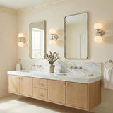 Victoria Wall Sconce 16", Polished Nickel and Opal Ribbed Glass globe wall sconce in a Transitional Bathroom with a marble double vanity.