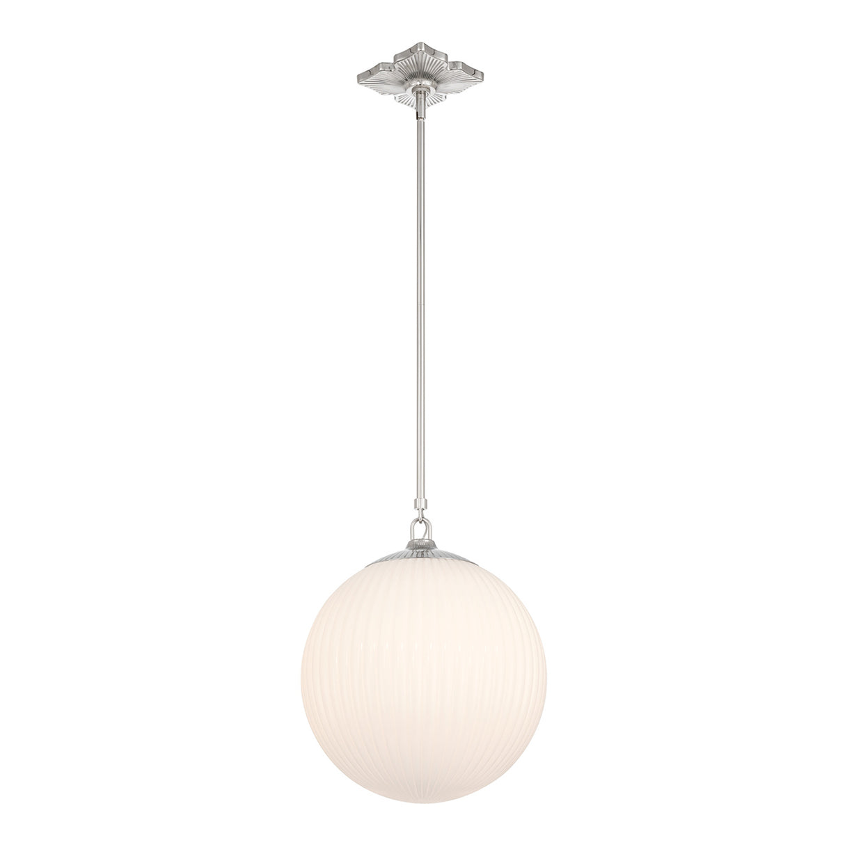 Victoria Pendant 14", Polished Nickel and Opal Ribbed Glass
