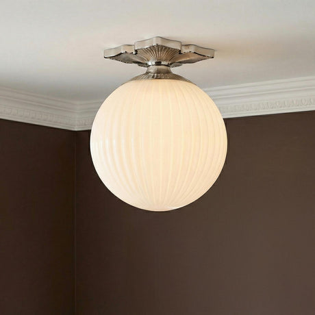 Victoria Semi-Flush 10", Polished Nickel and Opal Ribbed Glass scalloped globe flush mount in a Traditional Hallway with crown molding.