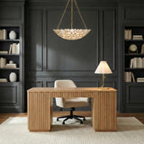 Aurelie Pendant 24", Antique Gold with Capiz Shell scalloped Chandelier in a Transitional Office with a fluted wood desk.
