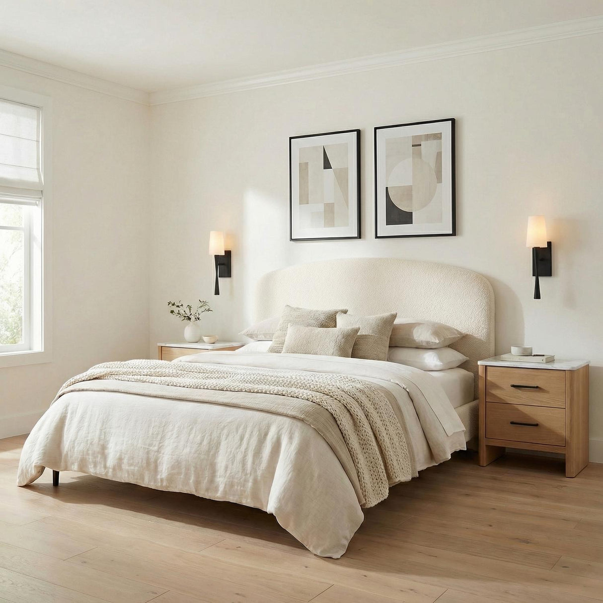 Kellan Wall Sconce 18", Black geometric Wall Sconce in a Transitional Bedroom with a cream upholstered headboard and oak nightstands.